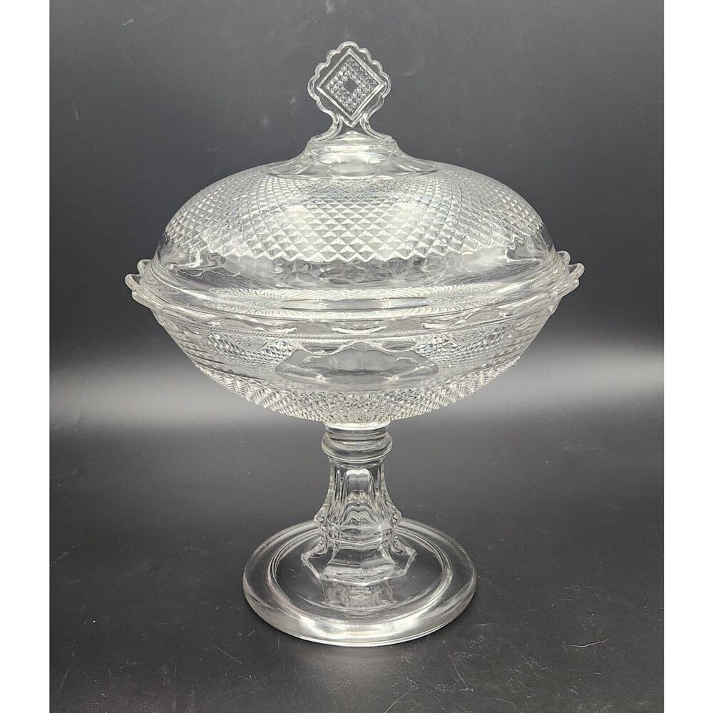 1870s Central Glass Co #439 Diamond Point Footed Glass Compote Comport With Lid